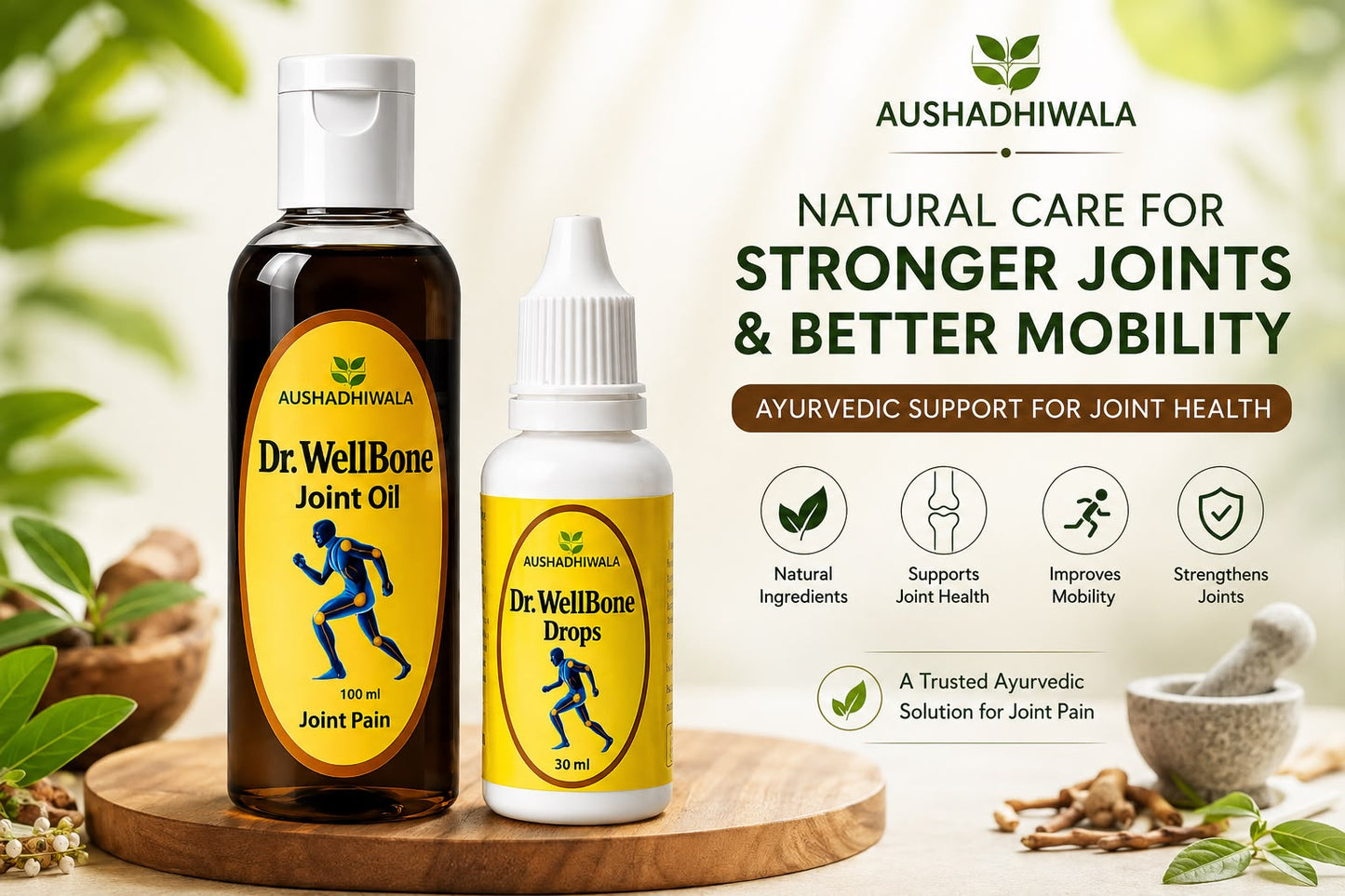 Aushadhiwala Dr. WellBone Joint Care Combo – Joint Oil (100ml) & Herbal Drops (30ml)